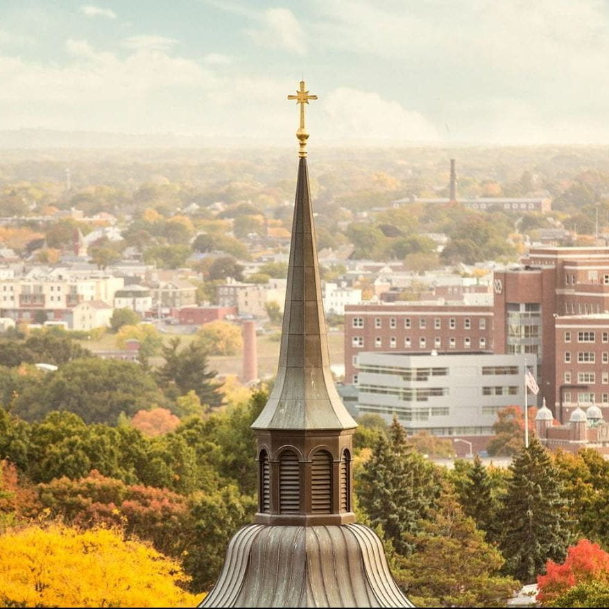 Aerial of campus with steeple